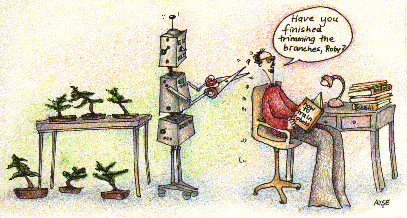 Cartoon showing a robot pruning bonsai